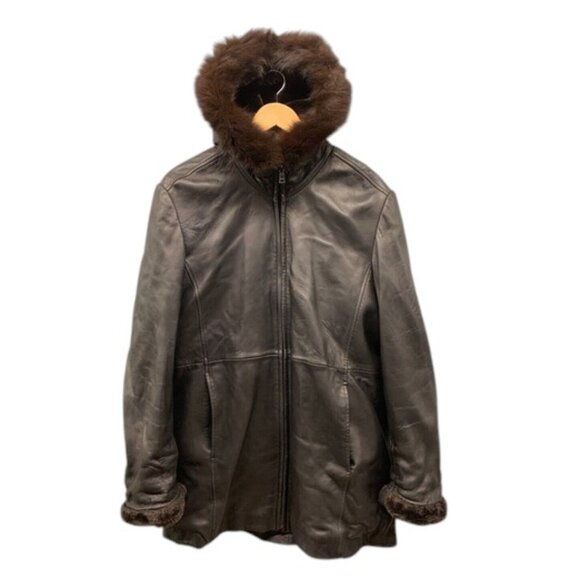 Marc New York Leather Jacket Women’s Size L Fox Fur Trim Collar Full Zip Coat - Picture 1 of 11